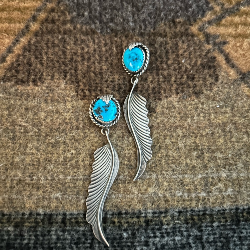 Silver and Turquoise Feather Earrings